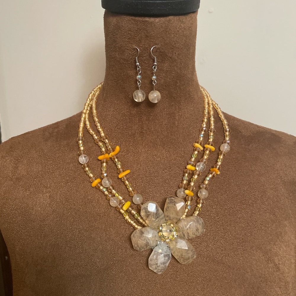 Vintage Stone Multi-Strand Necklace and Earring Set